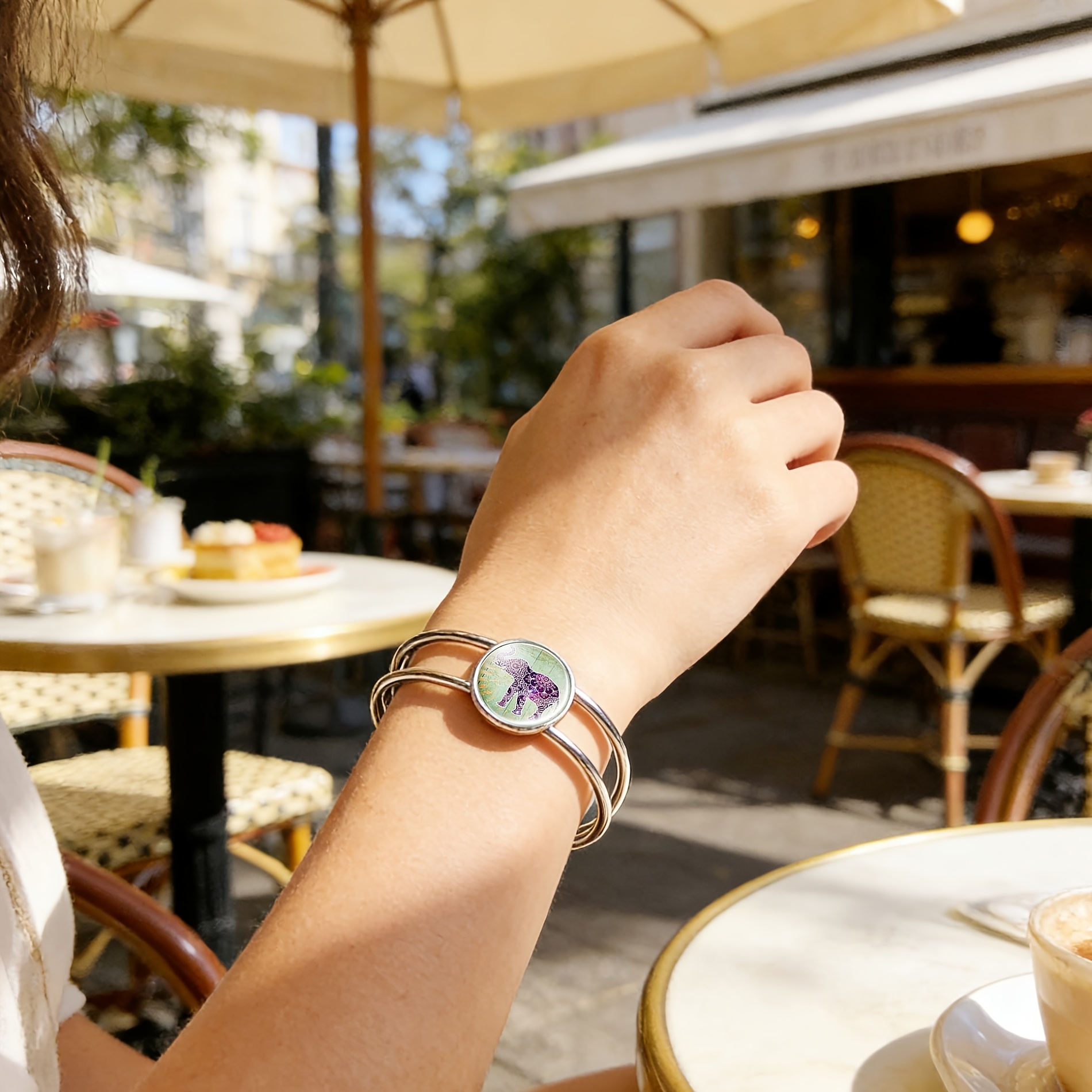 Adjustable Open Bangle with Purple Elephant Pattern