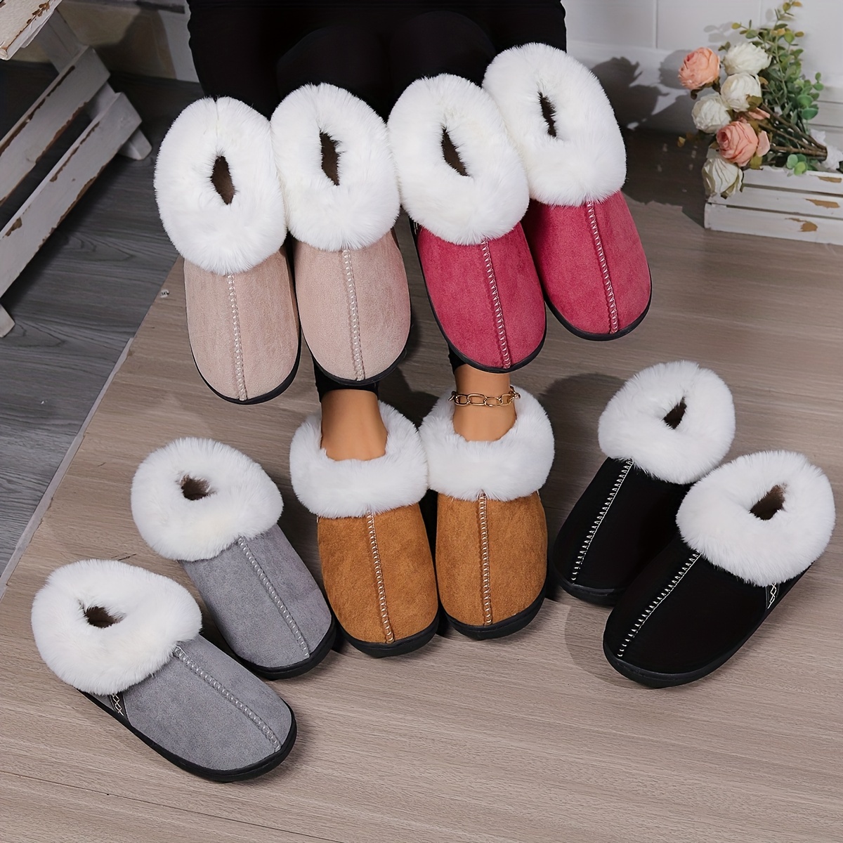 

Women's Plush Warm Closed Toe Indoor Slippers, Lightweight Anti-slip Soft Sole Slip On Fluffy Furry Slippers