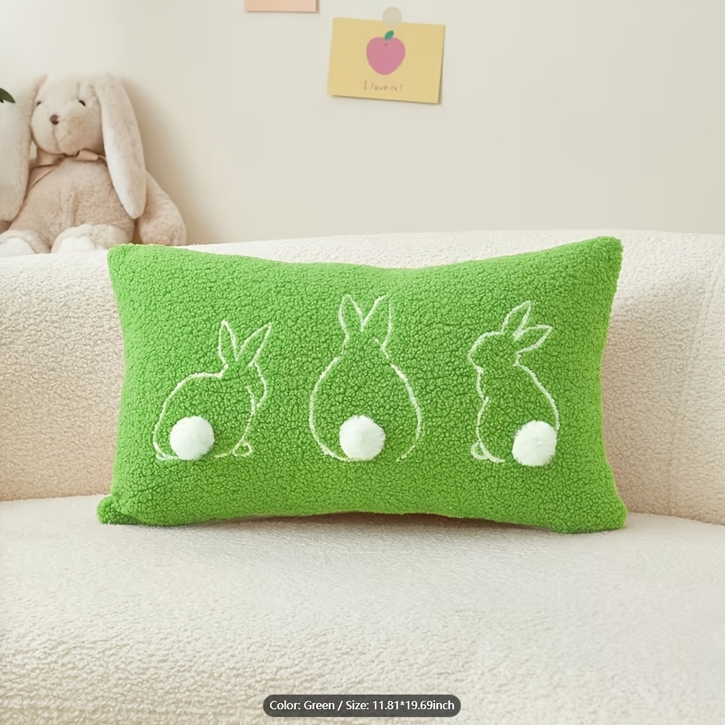 Image of 1pc Easter Teddy Plush Pillowcase, Embroidered Rabbit Design, Decorative Lambswool Velvet Cushion Cover, Soft Plush Pillowcase, Suitable For Bed, Sofa, Living Room