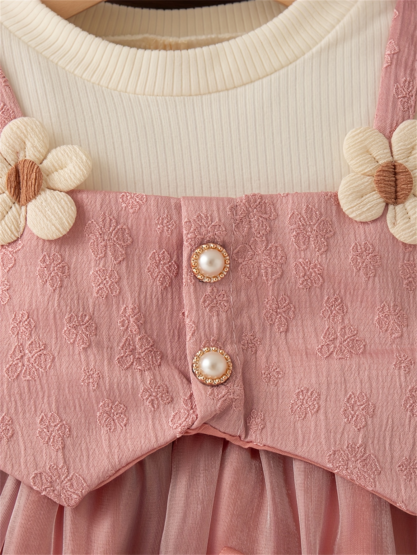 new   for baby girls featuring a faux two piece long sleeve dress with a flower bud design floral embroidery   color and a bow tie button   wedding flower girls Product details 1