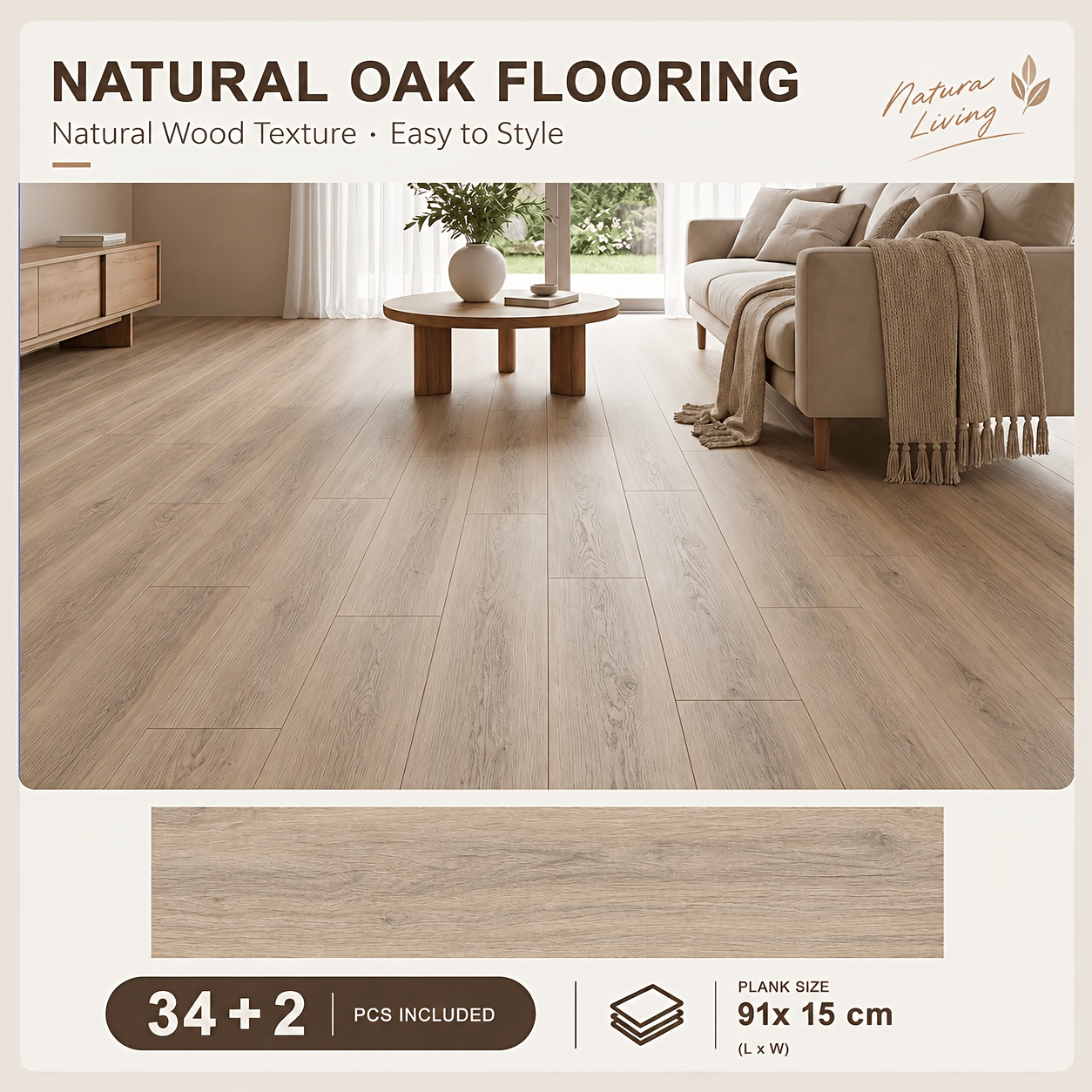 TEMU 34pcs Plus 2 Free , 91x15cm Self-adhesive Pvc Vinyl Wood Grain Floor Tiles, Peel And Stick Flooring, Easy Diy Installation, Low Maintenance