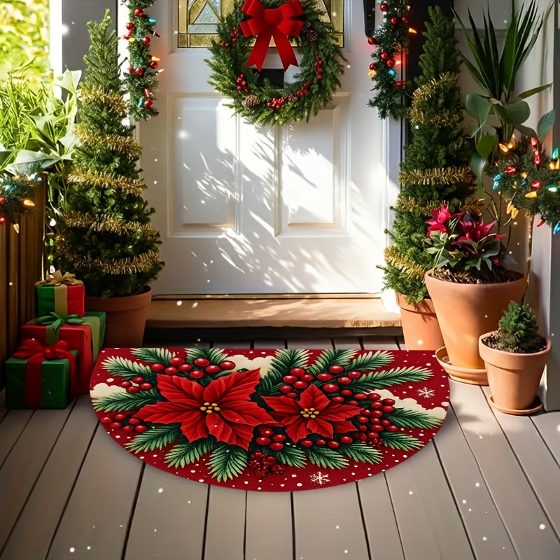 TEMU 1 tapis de de Noël rouge et de neige en une pièce - Tapis de porte de Noël en demi-cercle avec bordure de de houx vertes, tapis doux pour porte
