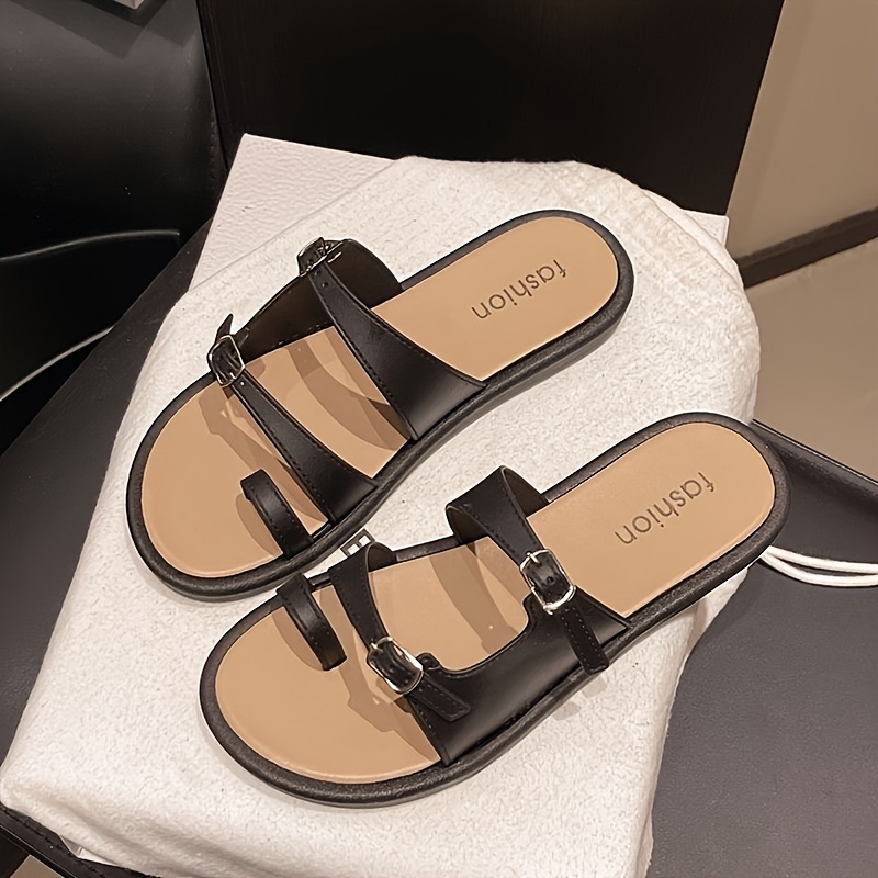 womens summer flat sandals elegant open toe   with metal   strap lightweight comfortable striped design in beige black   casual travel strappy sandals Product details 3