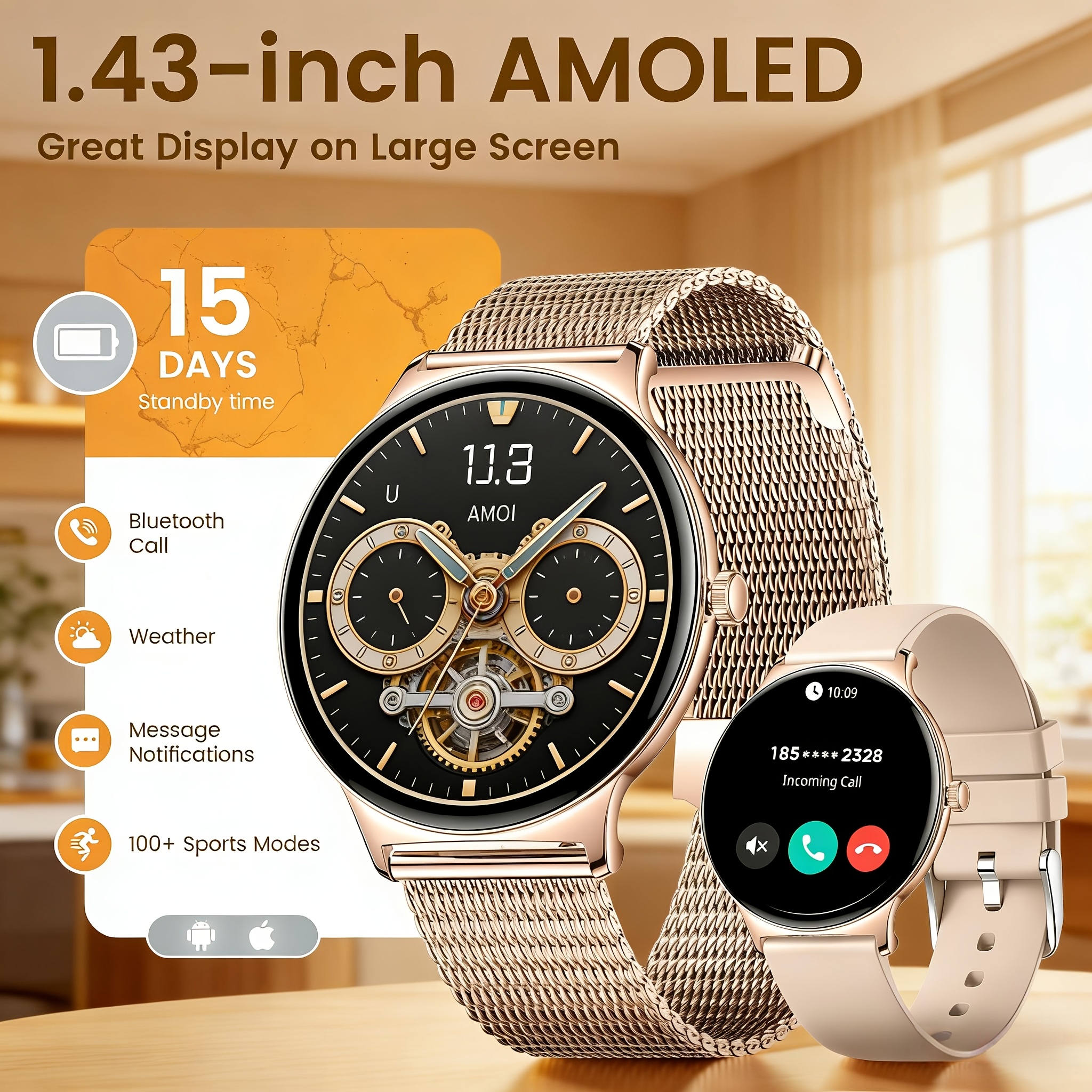 Image of Siemorl Women's Smartwatch, 1.43-inch Amoled Ultra Thin Smartwatch With Bluetooth Calls, Women',, 120 , Pedometer, Fitness For Iphone