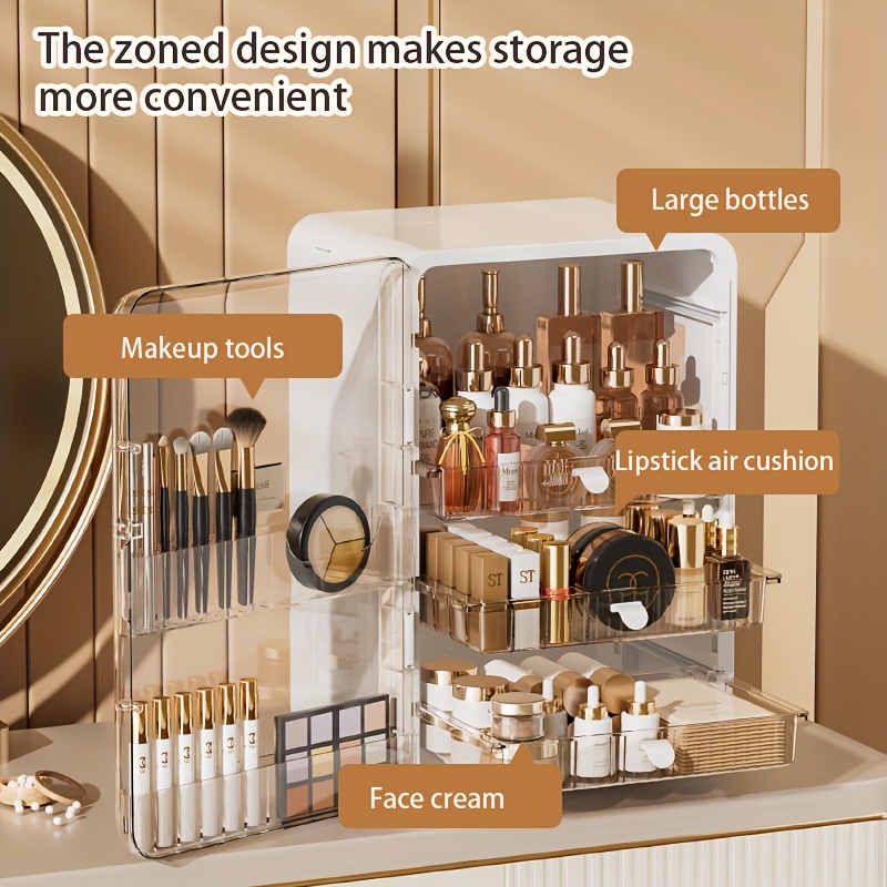 contemporary multi purpose desktop storage cabinet with built in drawers categorized compartments large capacity organizer for jewelry cosmetics makeup brushes lipsticks bottles durable plastic with magnetic closure perfect gift for valentines day mothers day graduation cosmetic holder   transparent side door sturdy construction home organizers Product details 3