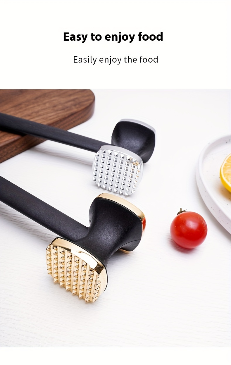 a zinc coated golden meat tenderizer with a nylon handle featuring dual sides for pounding meat ideal for tenderizing steaks and loosening meat fibers details 2