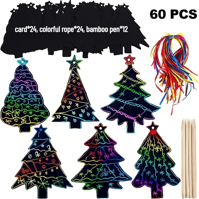 TEMU 60pcs Mixed Pack Christmas Tree And Snowman Patterned Iridescent Scratch Art Paper Craft Decorative Hanging Ornaments, Blank Diy Doodle Scratch