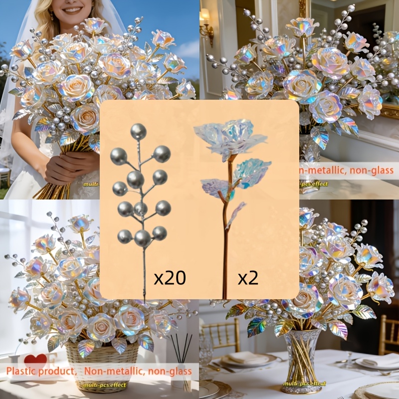 TEMU 22pcs Crystal Rose And Berry Set, A Combination Of Crystal Roses And Silvery Berries, Artificial Flowers For Home Decor, Maintenance-free Home