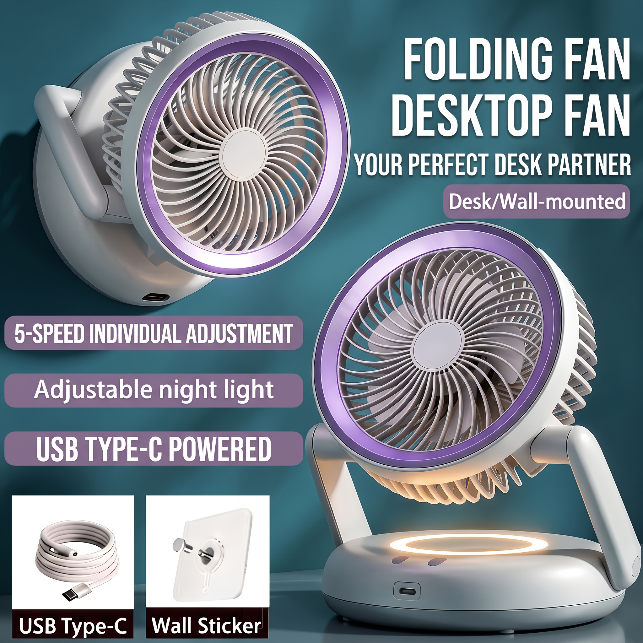 TEMU Portable Usb Charging Desktop Fan, Desktop Air Circulation Fan, Type-c Charging Folding Fan, Wall-mounted Fan, With One-button Control Night