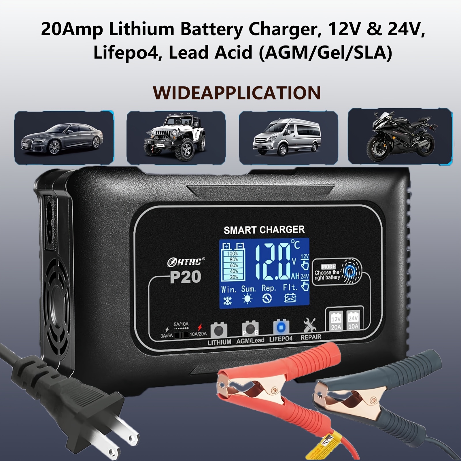 20-Amp Multi-Battery Charger – 12V/20A & 24V/10A For LiFePO4, AGM, Gel, SLA – With USB