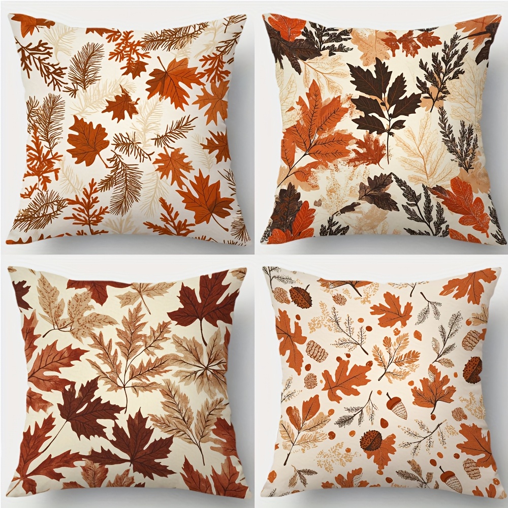 TEMU 2D Plat - Ensemble de 4 nouvelles housses de coussin imprimées en 2D avec des d'automne comme des feuilles d'érable, des aiguilles de pin et des