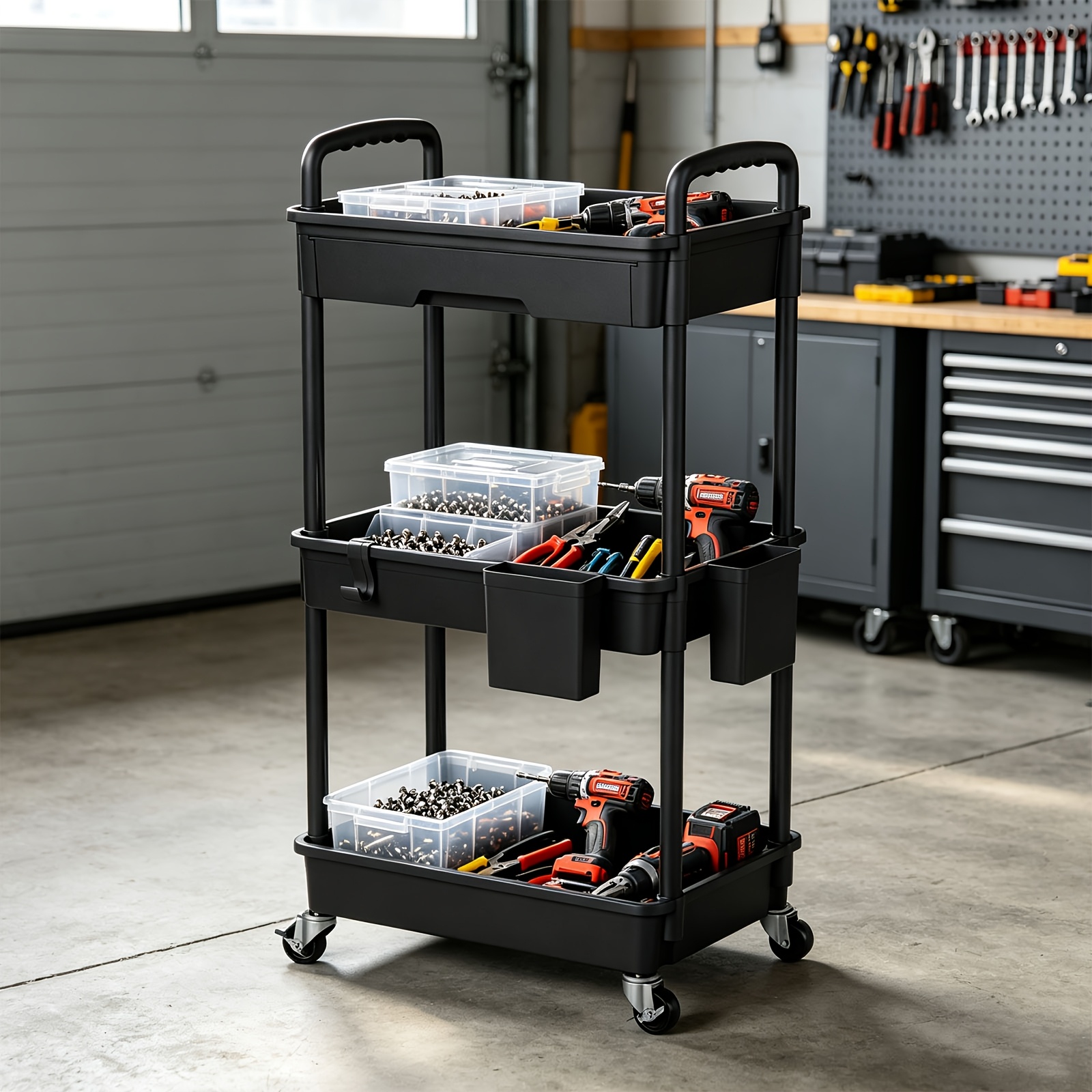 TEMU Rolling Cart, Black Utility Storage Trolley With Built-in Drawer And Smooth 360Â° Metal Wheels, Sturdy Tall Plastic Shelves, Space- Organizer For
