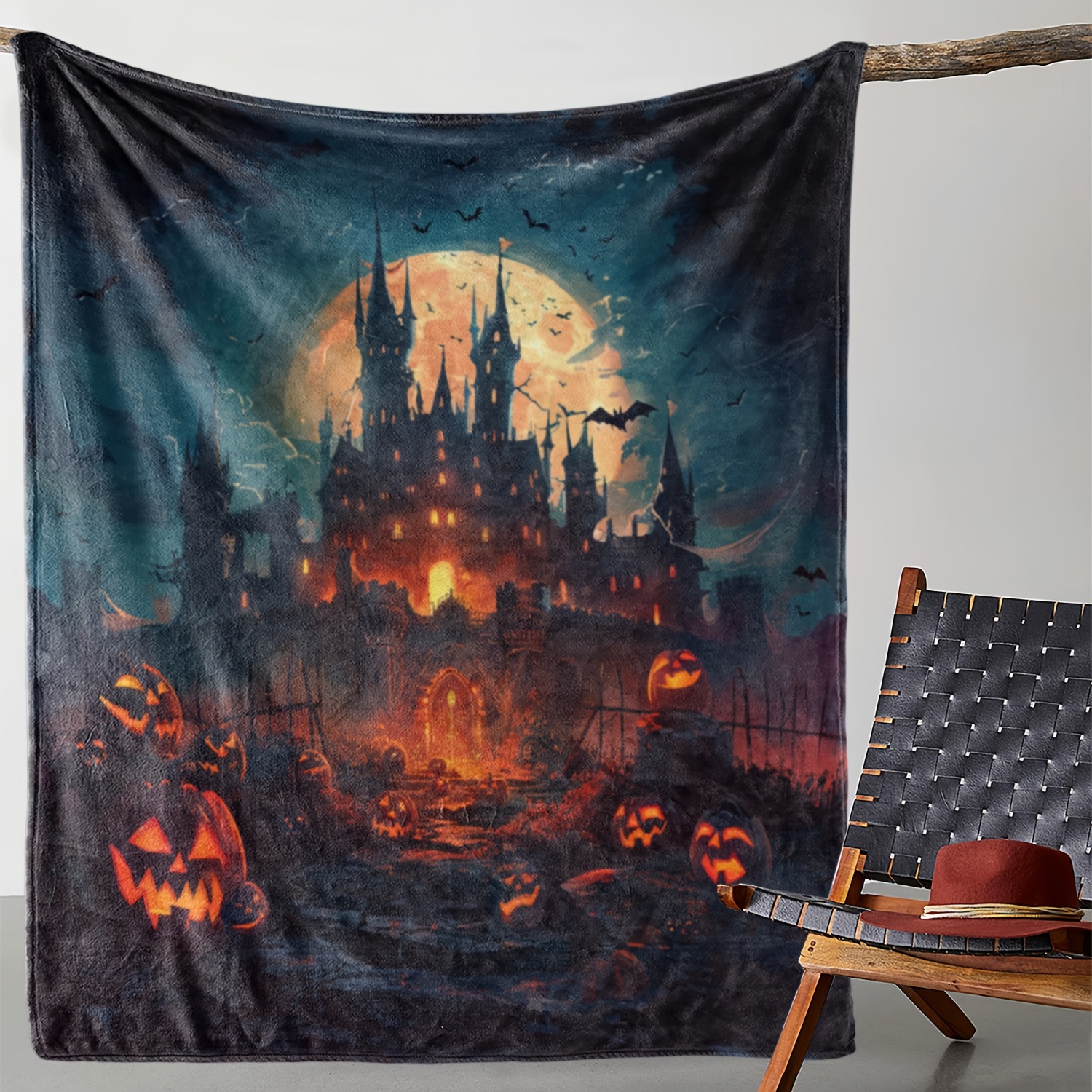 

Halloween Pumpkin Castle Print Flannel Throw Blanket, Vintage Style Cozy Warm Soft Fleece Blanket For Couch Bed Sofa Car Office Camping Travel, All Seasons Lightweight Woven Polyester Blanket