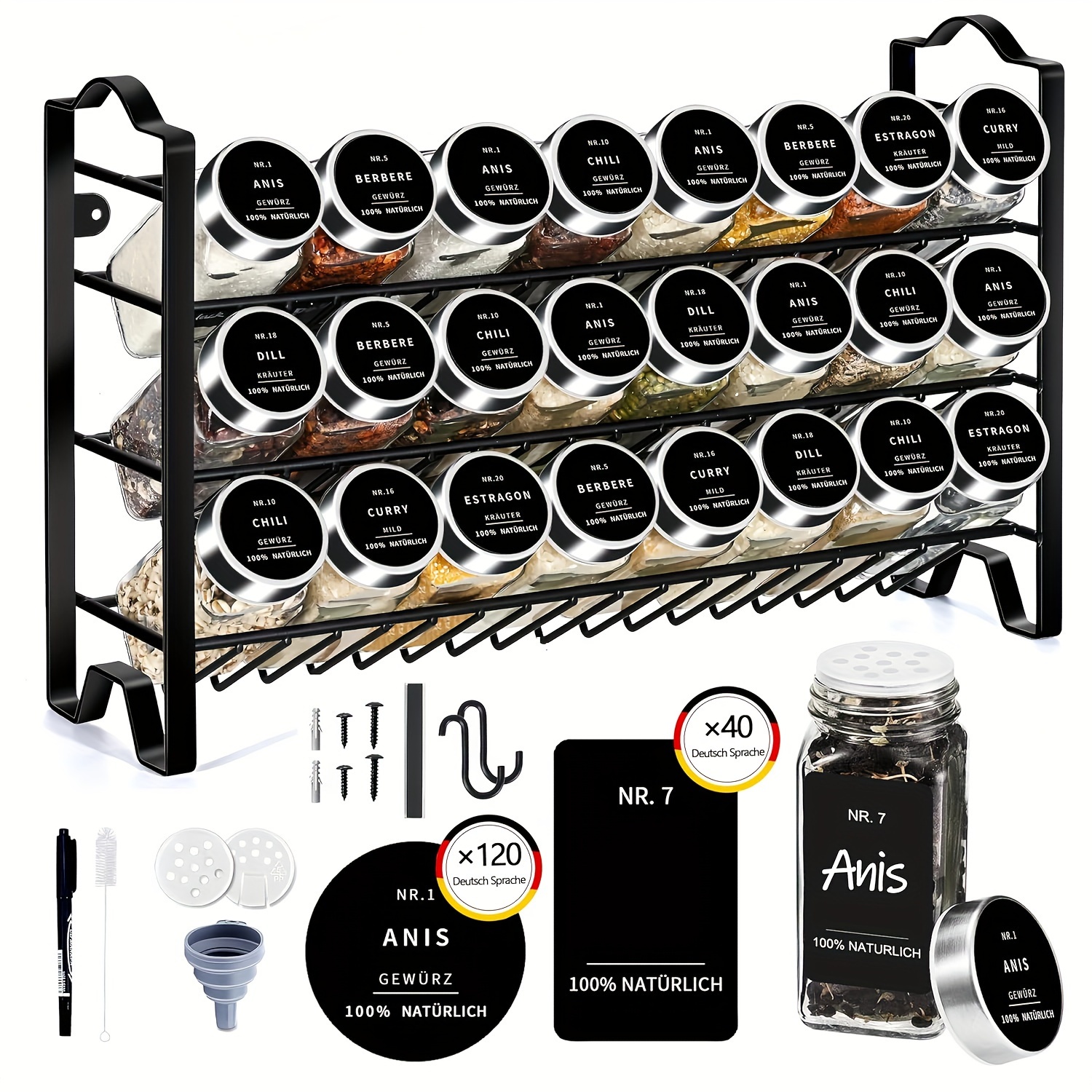 E-shop 1 Stehendes Gewürzregal, 3-stöckiges Metall-Gewürzregal mit 24 120ml Gewürzgläsern, Gewürzgläser mit schwarzen Etiketten, Gewürzsieb, Trichter,
