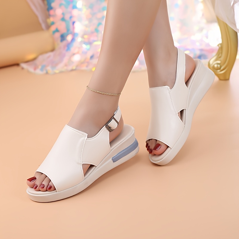 sandalias de tacón medio para mujer sin cordones - zapatos casuales con cubierta   de pu y punta   con   gruesa acolchada, negros versátiles para     2