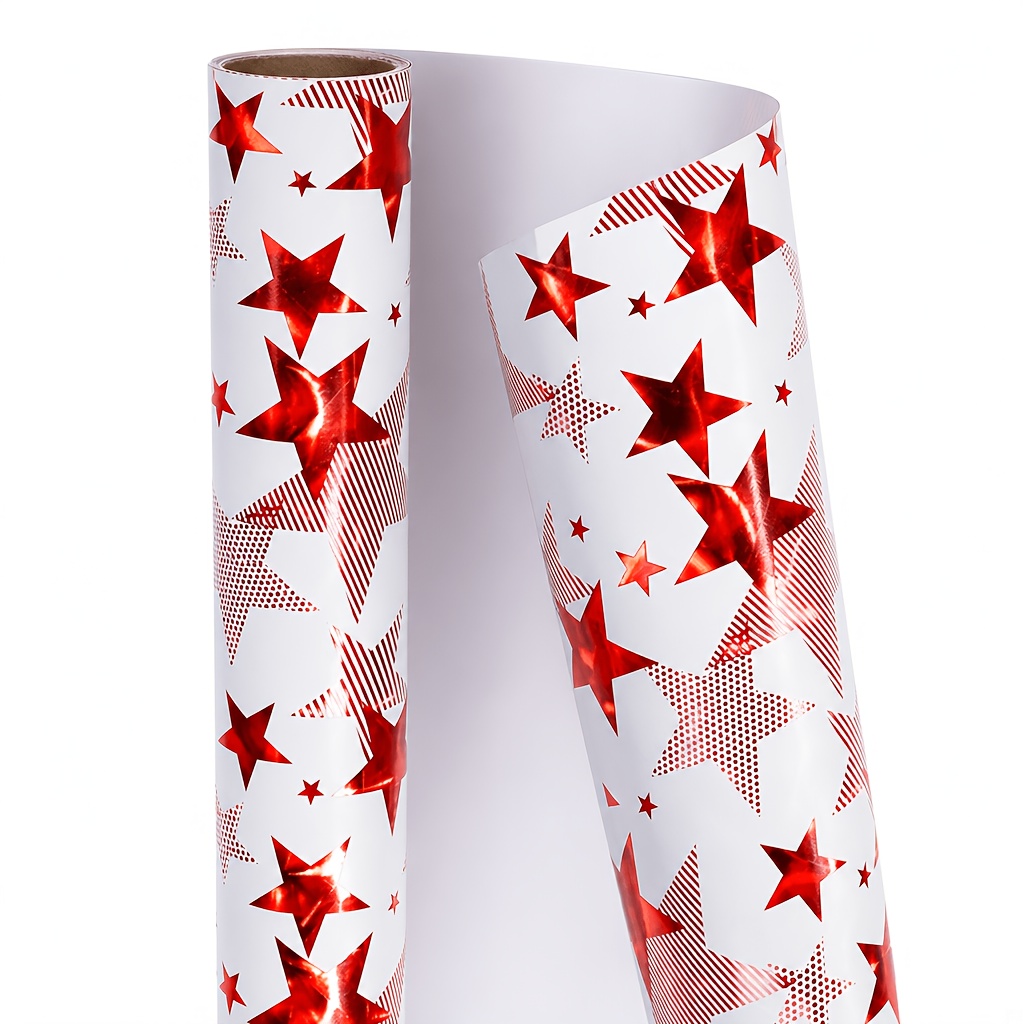TEMU Rouleau de papier cadeau en film d'aluminium plaqué aluminium avec fond blanc et rouge 43X300Cm, papier d'emballage métallique brillant à motif