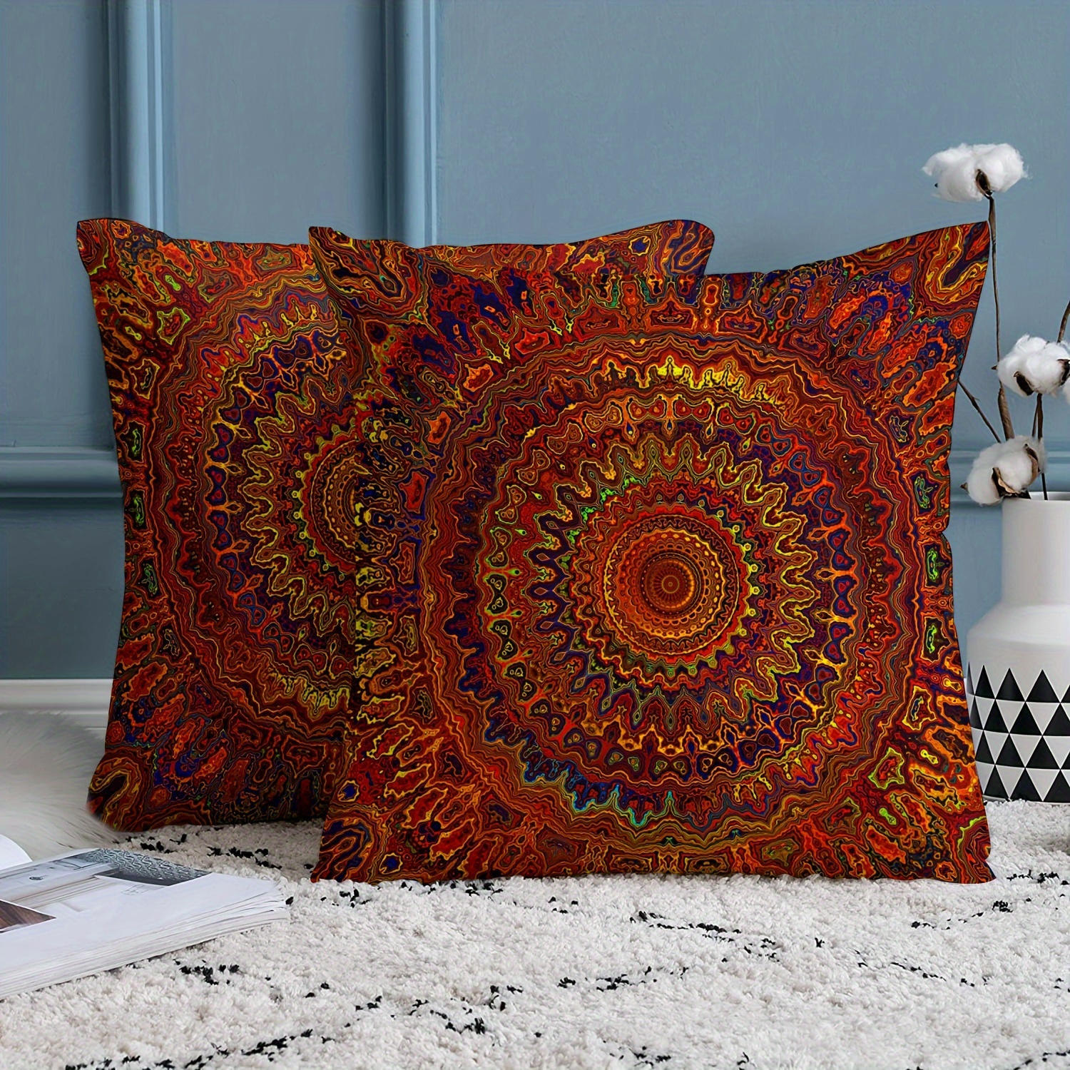 

2pcs Short Plush Fabric Red Fantasy Gold Mandala Bohemian Style Pillow Cover With Double-sided Printing 18in *18inminimalist Art Modern Style Bedroom Living Room Home Decoration Without Pillow Core