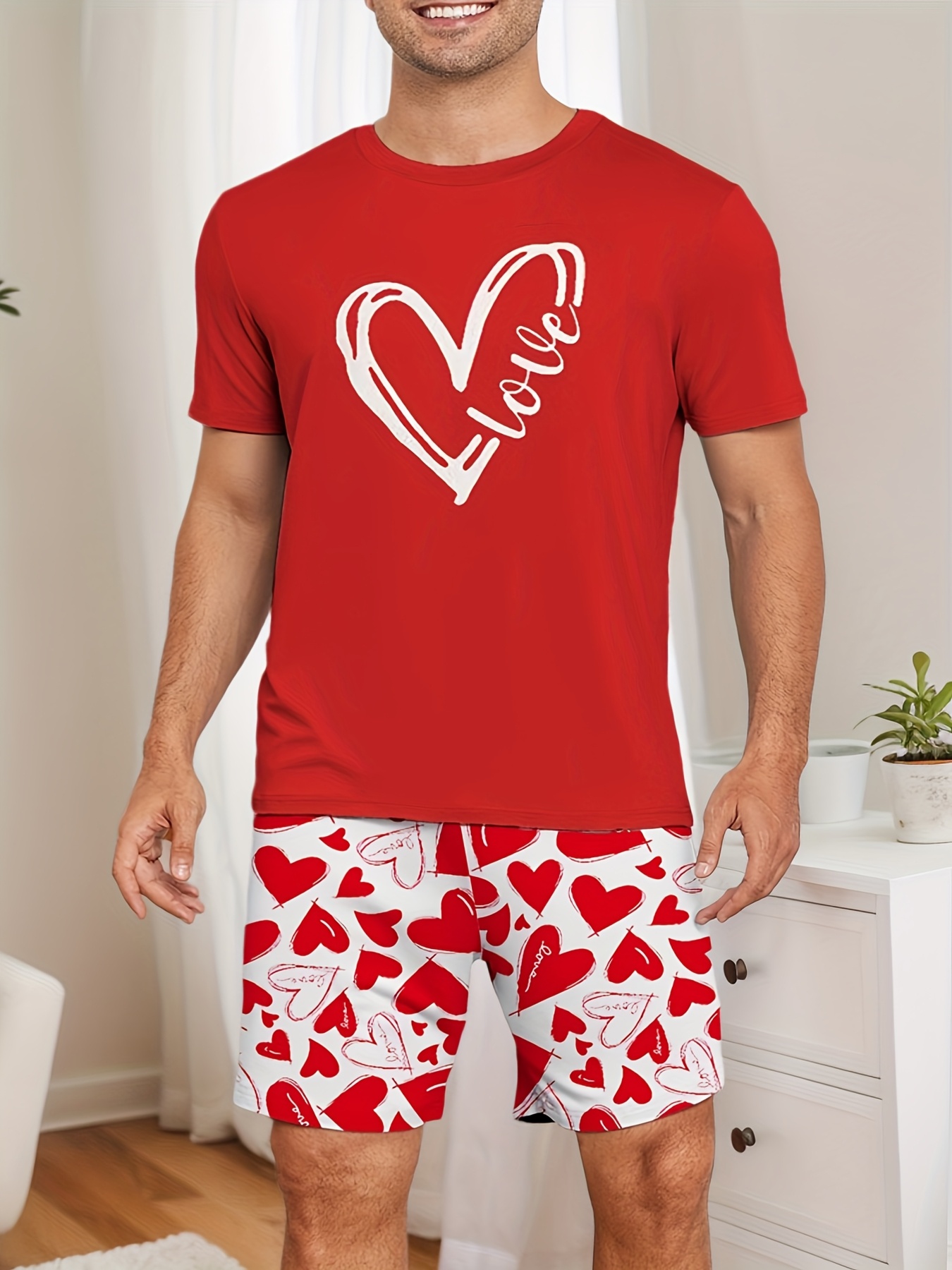price for   couple style love letter print mens or womens short sleeve shorts pajama set mens or womens suit 1 set male 4