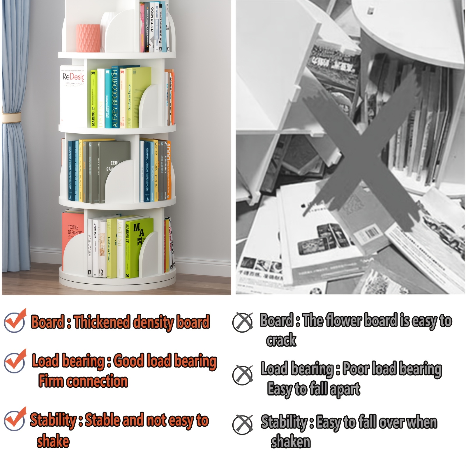 360° Rotating Wooden Book Tower, Spinning Bookshelf with 4/5 Tiers for Office, Living Room, And Room