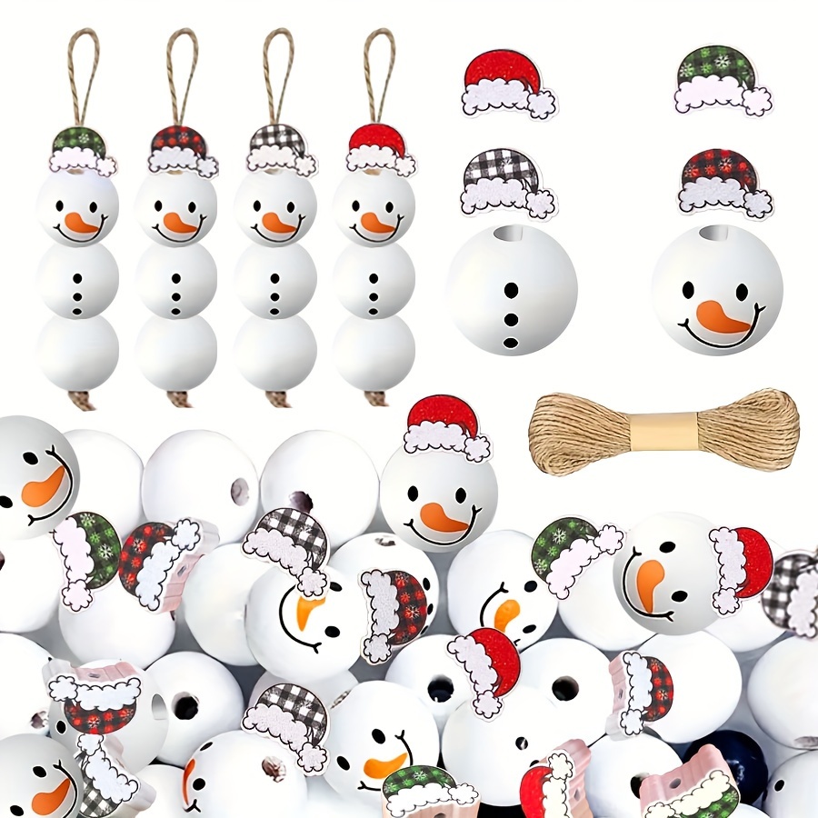 

80-piece Christmas Snowman Wooden Beads Set With Decorative Santa Hats - Diy Craft Beads For Garland, Christmas Tree Ornaments, Keychains, Necklaces, And Holiday Decorations - No Mosaic, Material