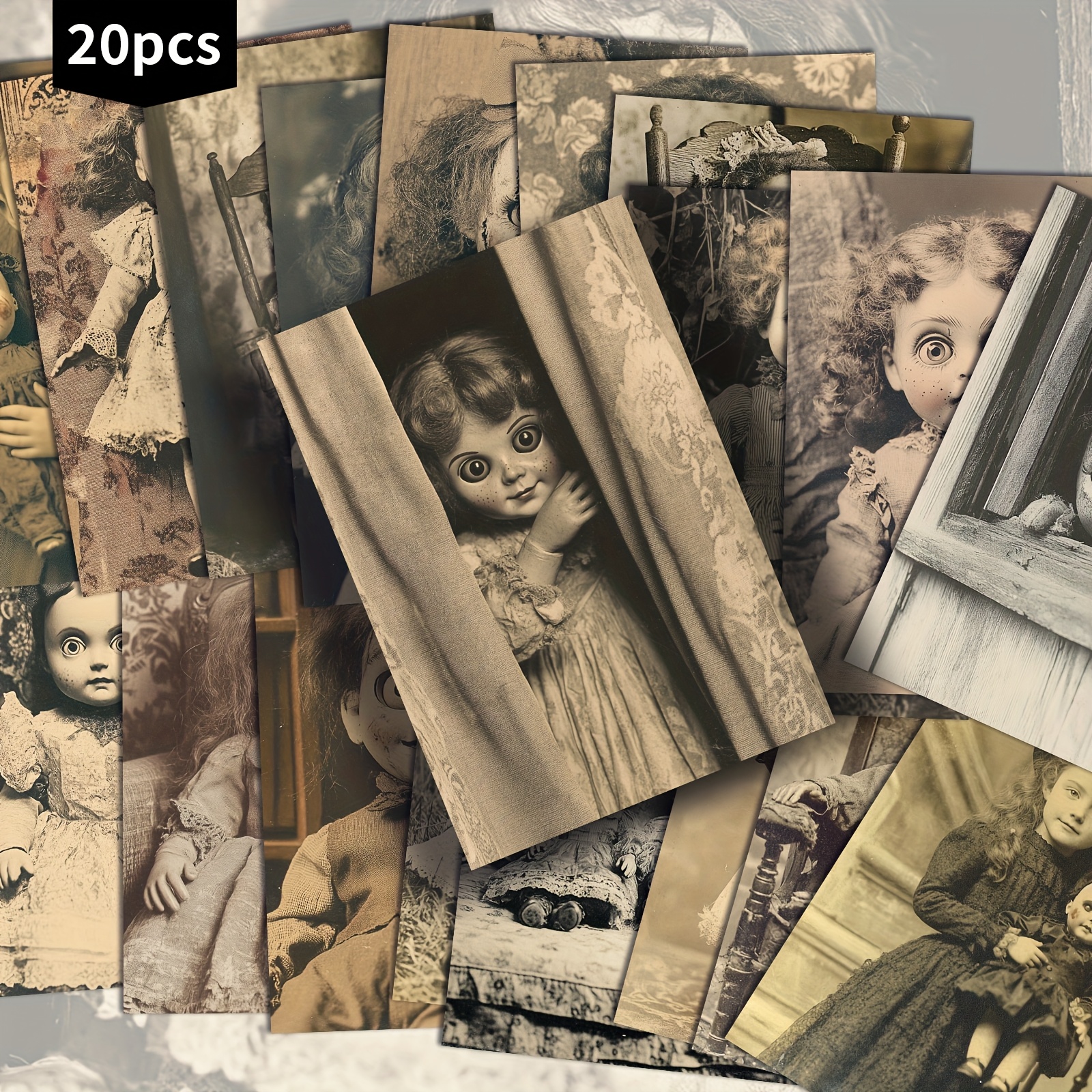 Image of Set Of 20 Vintage Horror Doll Postcards For Halloween - 4x6 Inches Retro Paper For Junk Journals, Featuring Classic Pinup Art, Collectible Decorative Cards For Scrapbooking And Craft Projects