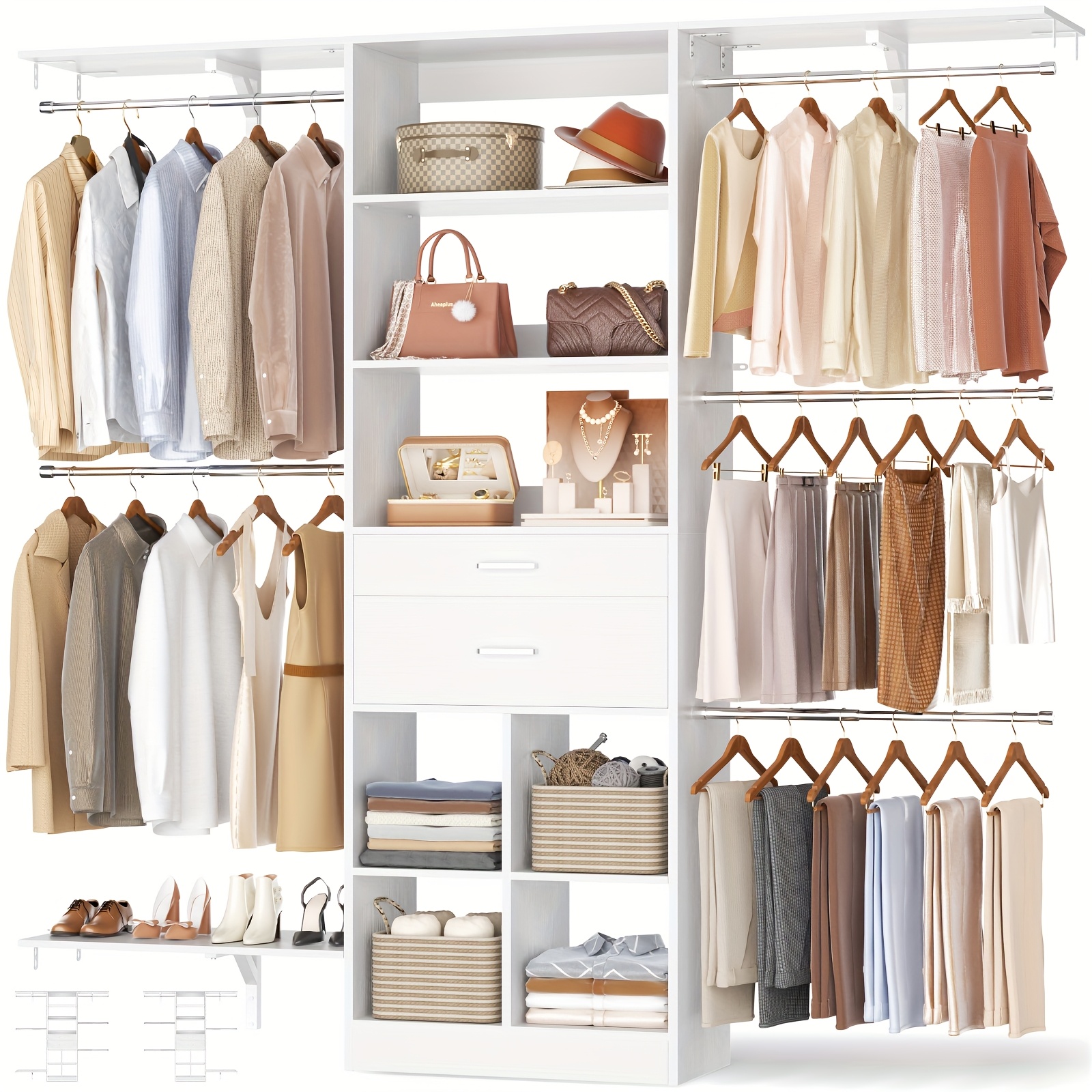 TEMU - 5ft Closet Organizer System With Wooden Drawers, 60 Inches System With 5 Hanging Rods, Can Fit 1.58 To 6.8ft With Reversible Hanging Shelving,