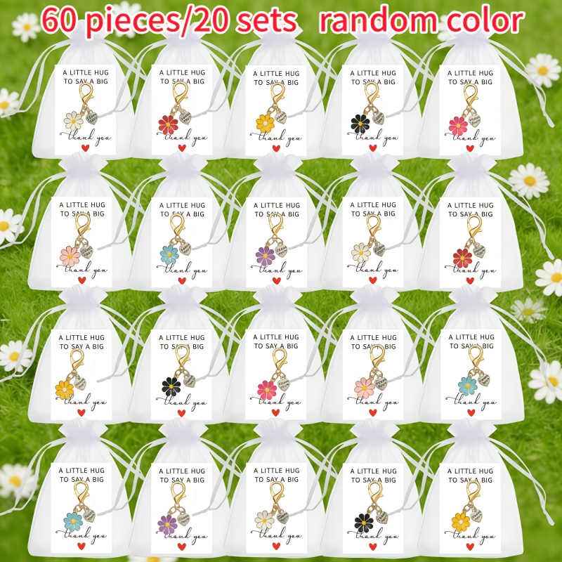 TEMU 60pcs/20 Sets - Random Styles - Colorful Daisies With Thank You Hearts, 20 Keychains + 20 Card Papers + 20 Mesh Bags, A Hug-like Thank You Gift