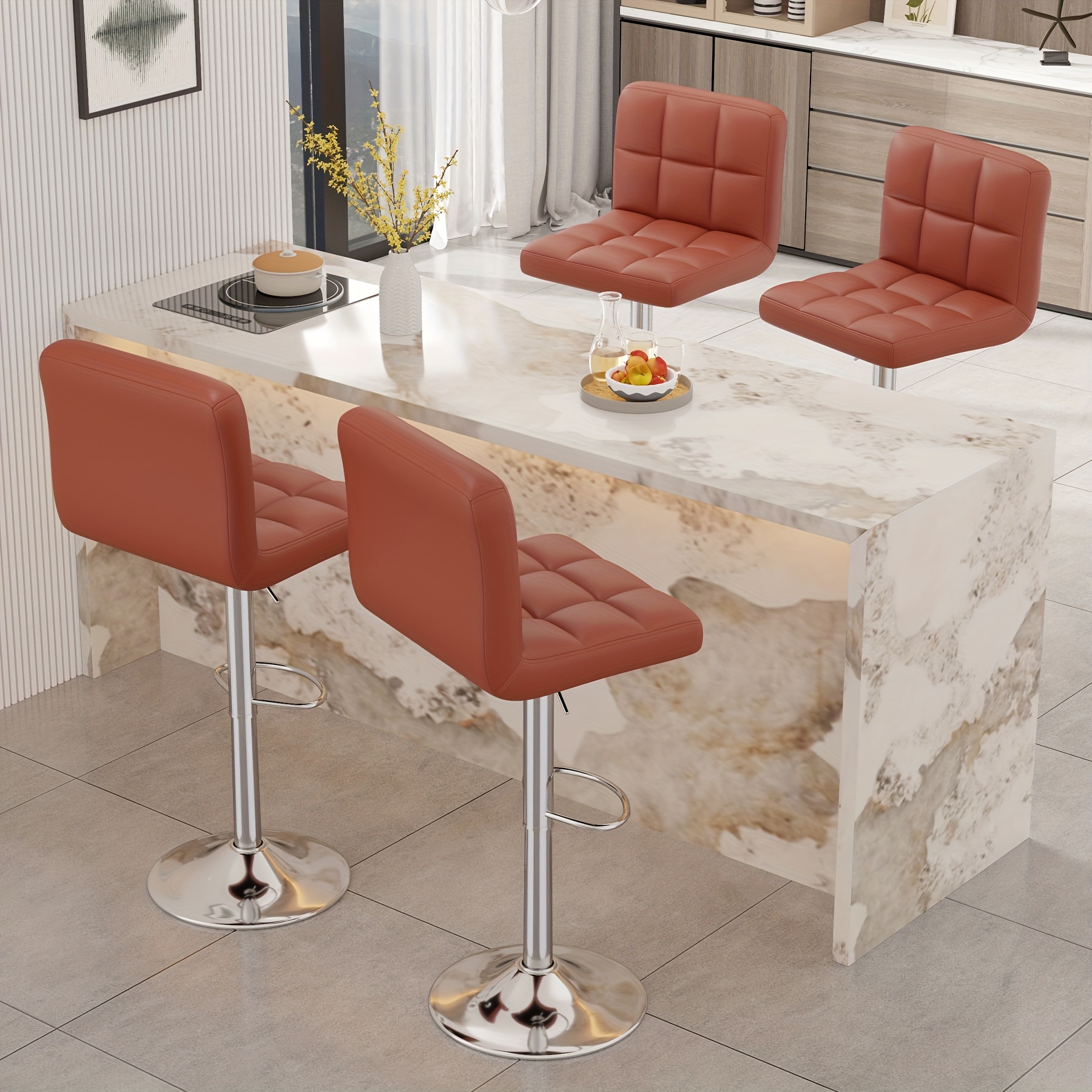 Set of 2/4 Bar Stools! These Adjustable PU Leather Swivel Stools Feature a Modern Design with a Backrest And Footrest, Perfect for Use in an Office, Bar, Kitchen, Or Dining Area