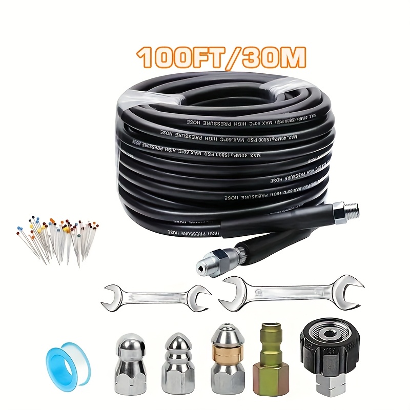 TEMU Sewer Jet Kit For Pressure Washer 100ft/50ft, Newest 5800psi Hose 1/4 Inch Npt Angle, Swivel And Push Button Hose Sewer Jet Nozzle Pearl Corsage