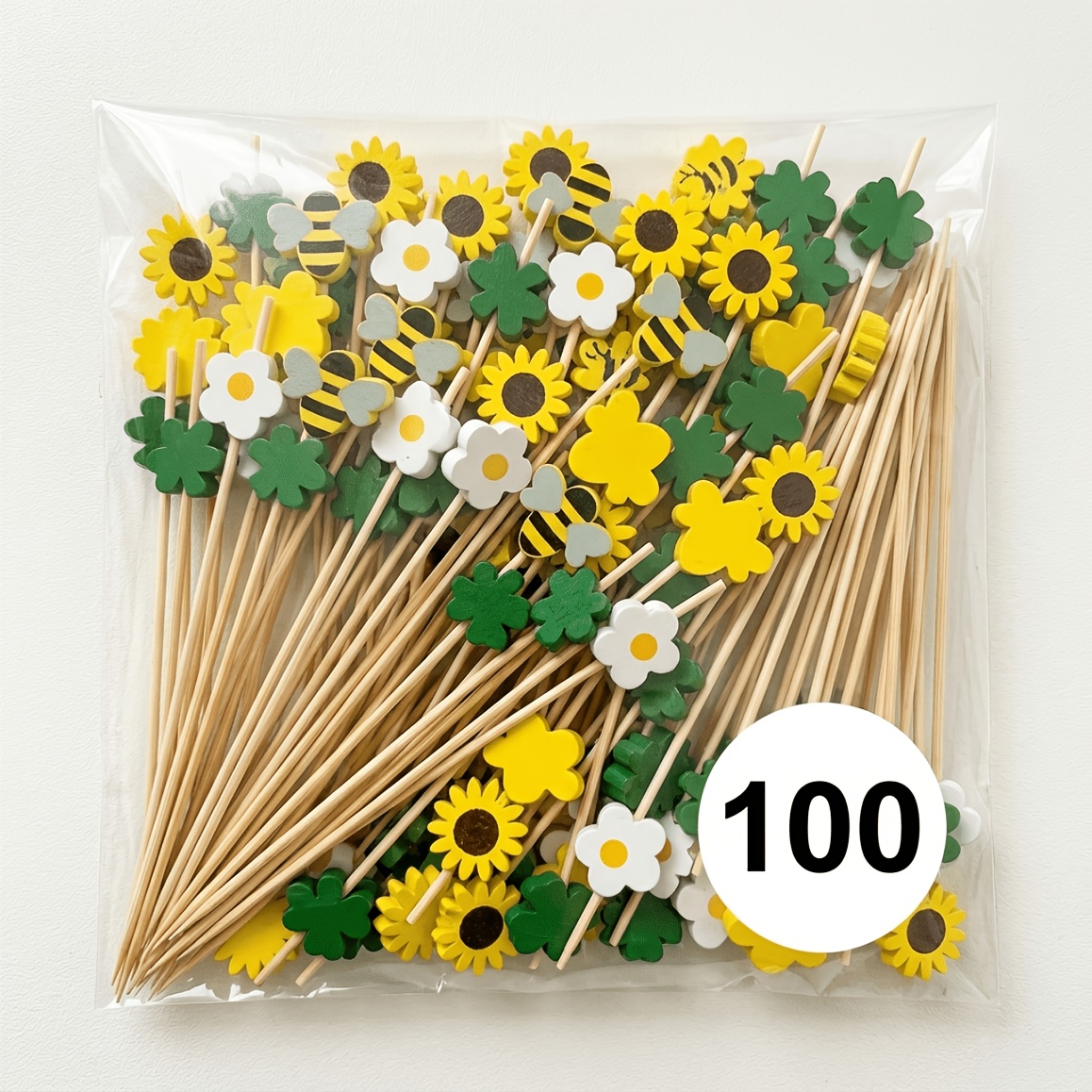 Image of 100pcs Mixed Cocktail Picks, Sunflower Bee Clover Floral Bamboo Skewers, Decorative Food Toothpicks For Cocktail, Fruit, Charcuterie Board, Party Garnish
