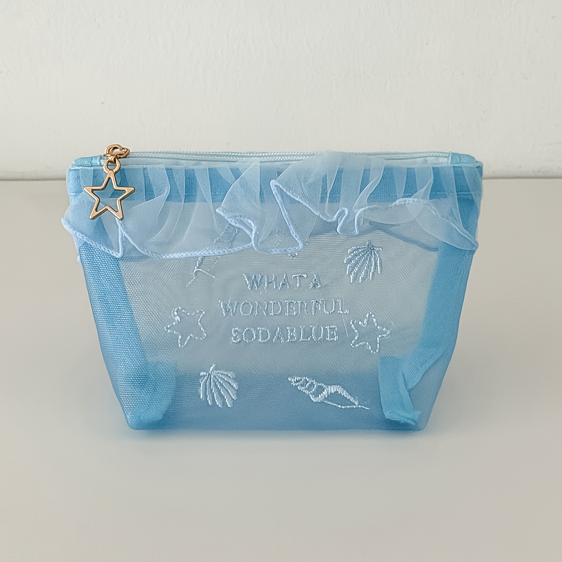 TEMU Pochette cosmetica in rete stile spiaggia blu - Organizzatore da viaggio portatile e con bordo in pizzo femminile, design ricamato con stella