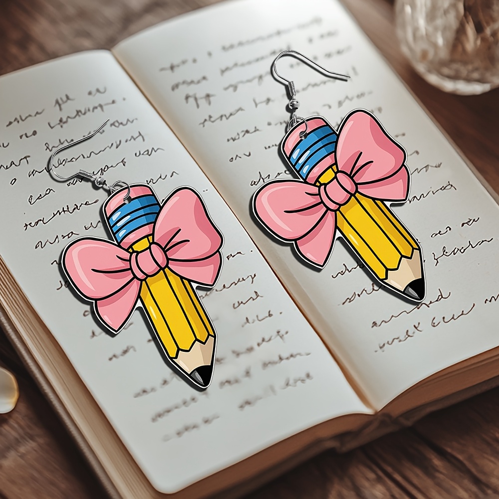 

Cartoon Pencil & Bow Earrings - Nickel-free Alloy, Acrylic, Teachers' Day, Graduation Gifts & Casual Attire, Quirky Earrings