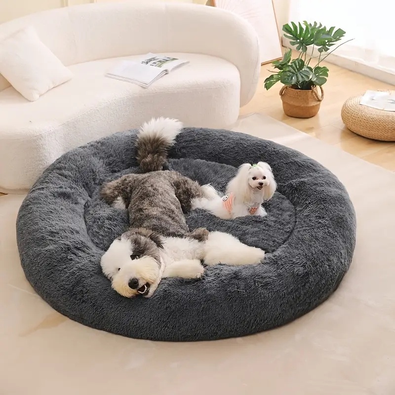 TEMU New Plush Donut-shaped Bed - Soft And Fluffy Faux Fur, In Sizes For Small To Large Dogs And Cats, Designed For Deep Sleep With A Round Cushion,