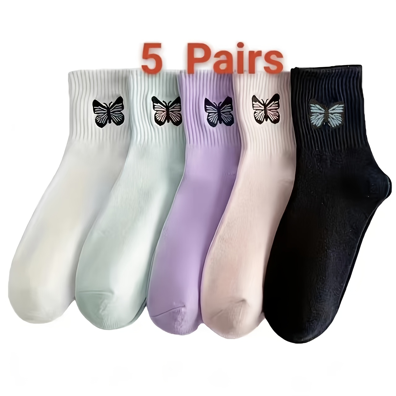 TEMU 5 Pairs New Mid-calf Socks Colorful Embroidery Bow College Style Casual Breathable Soft Comfortable Socks