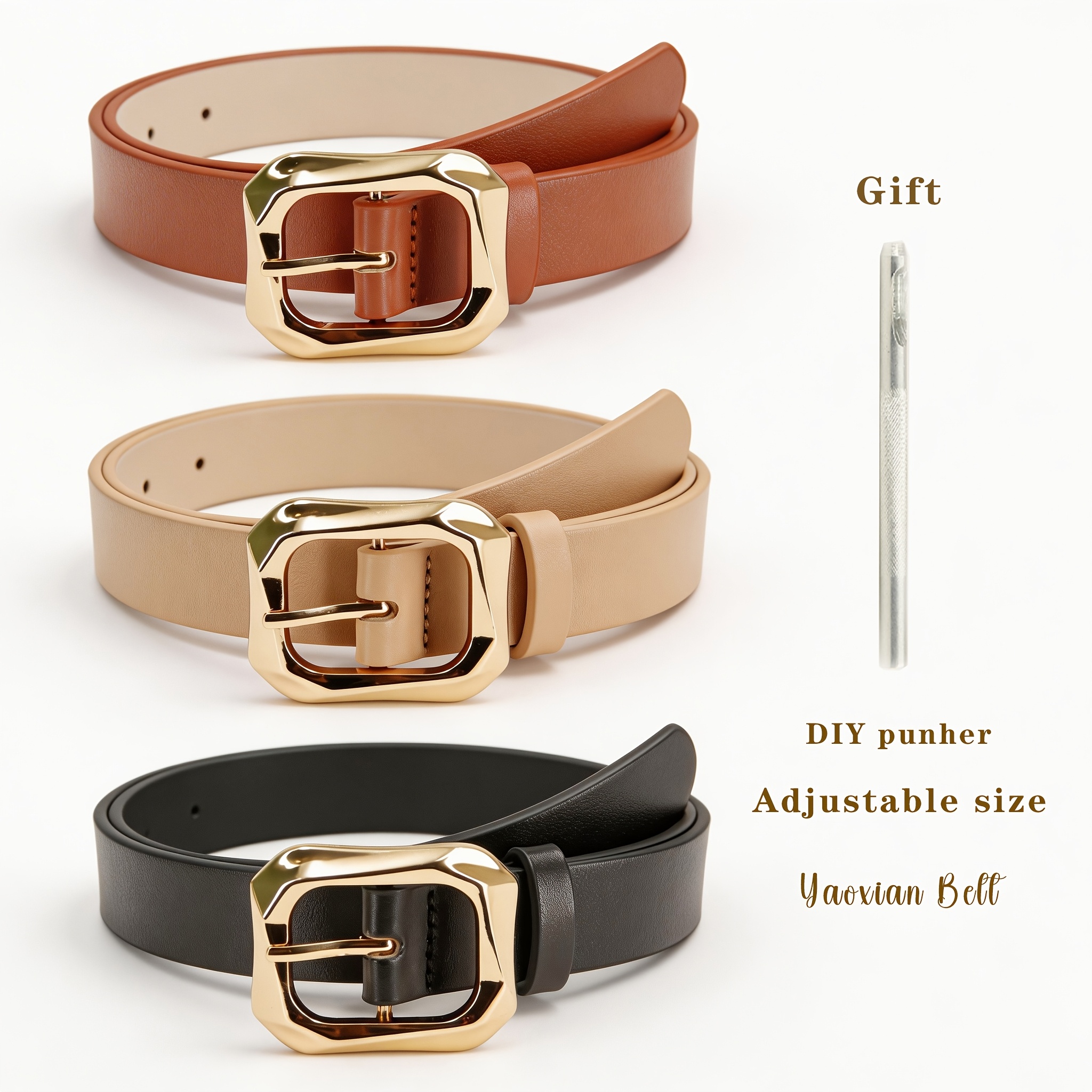 TEMU 3pcs Women's Belt Square Metal Business/ High-end Atmosphere To A Of Clothing: Casual Wear/work Wear/casual Pants/jeans Daily Commuting Belt A