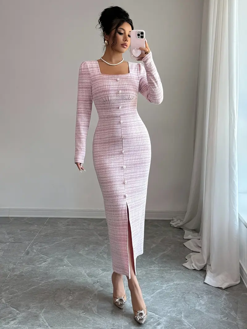 Elegant * Tweed Fabric, Puff Sleeve Square Neck, Waist-Cinching Fitted Slit Hem, Pearl Button Detail Women'S Long Dress, Fall Winter Women'S Clothing Elegant * Tweed Fabric, Puff Sleeve Square Neck, Waist-Cinching Fitted Slit Hem, Pearl Button Detail Women'S Long Dress, Fall Winter Women'S Clothing
