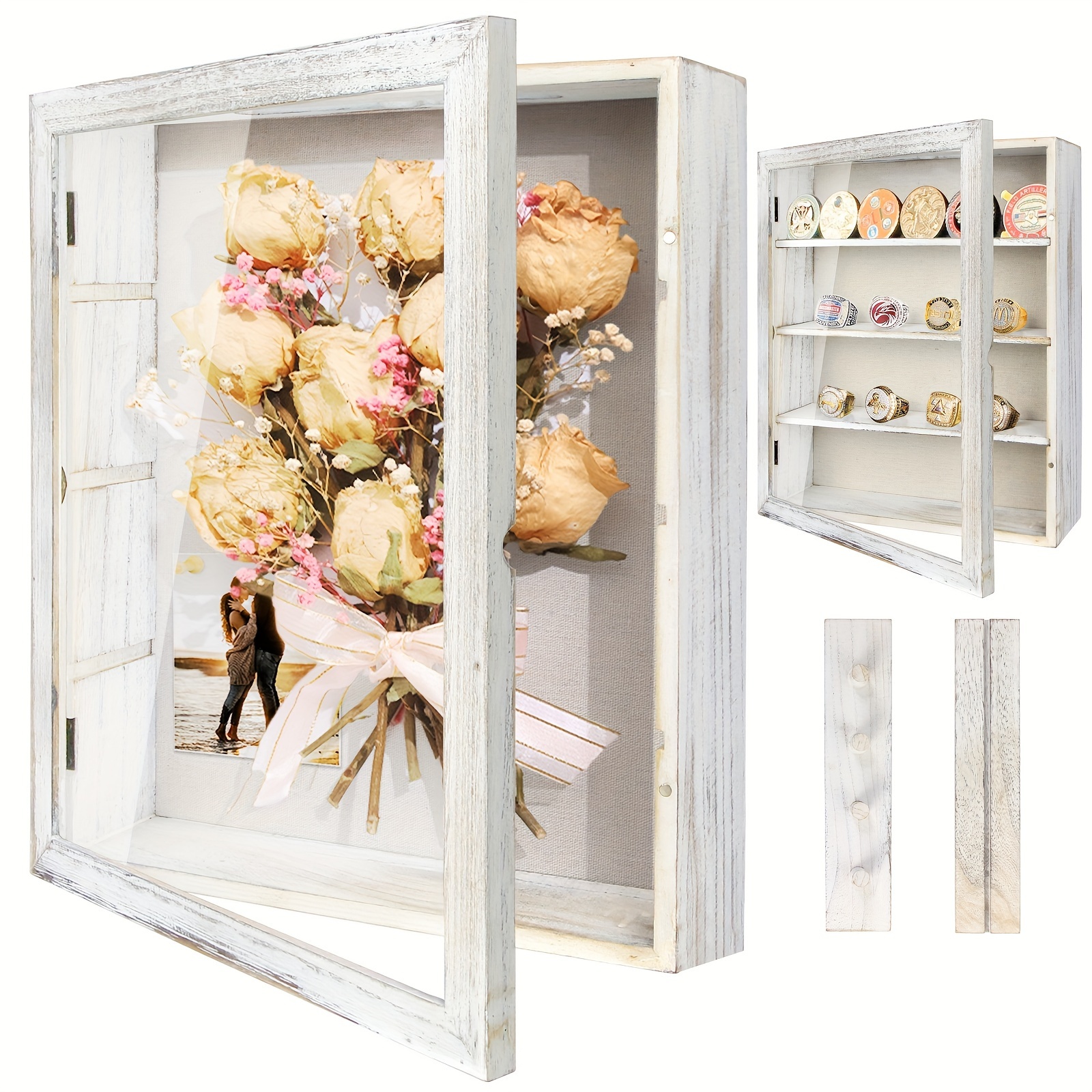 TEMU 11x14 Large Country Memory Display Box Flowers, Pictures,, Medals,, Pin Collection And More, Including 4 Removable Shelving Shadow Box Frames With Linen Back -