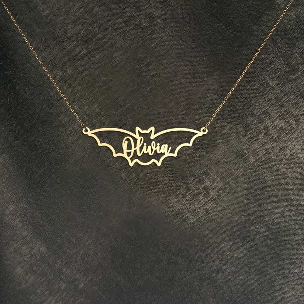 

Custom Name Bat Pendant Necklace - Golden- Stainless Steel, Gothic Style With Chain - Ideal Halloween Gift For Women