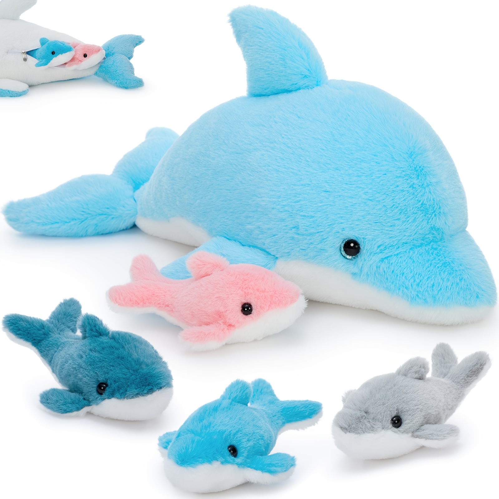 Image of Tezituor Dolphin Stuffed Animal With 4 Babies, 20.5" Large Dolphin Plush Toy Realistic Ocean Stuffed Animals Soft Plushies Home Decor Christmas Birthday Gifts For Boys Girls Kids