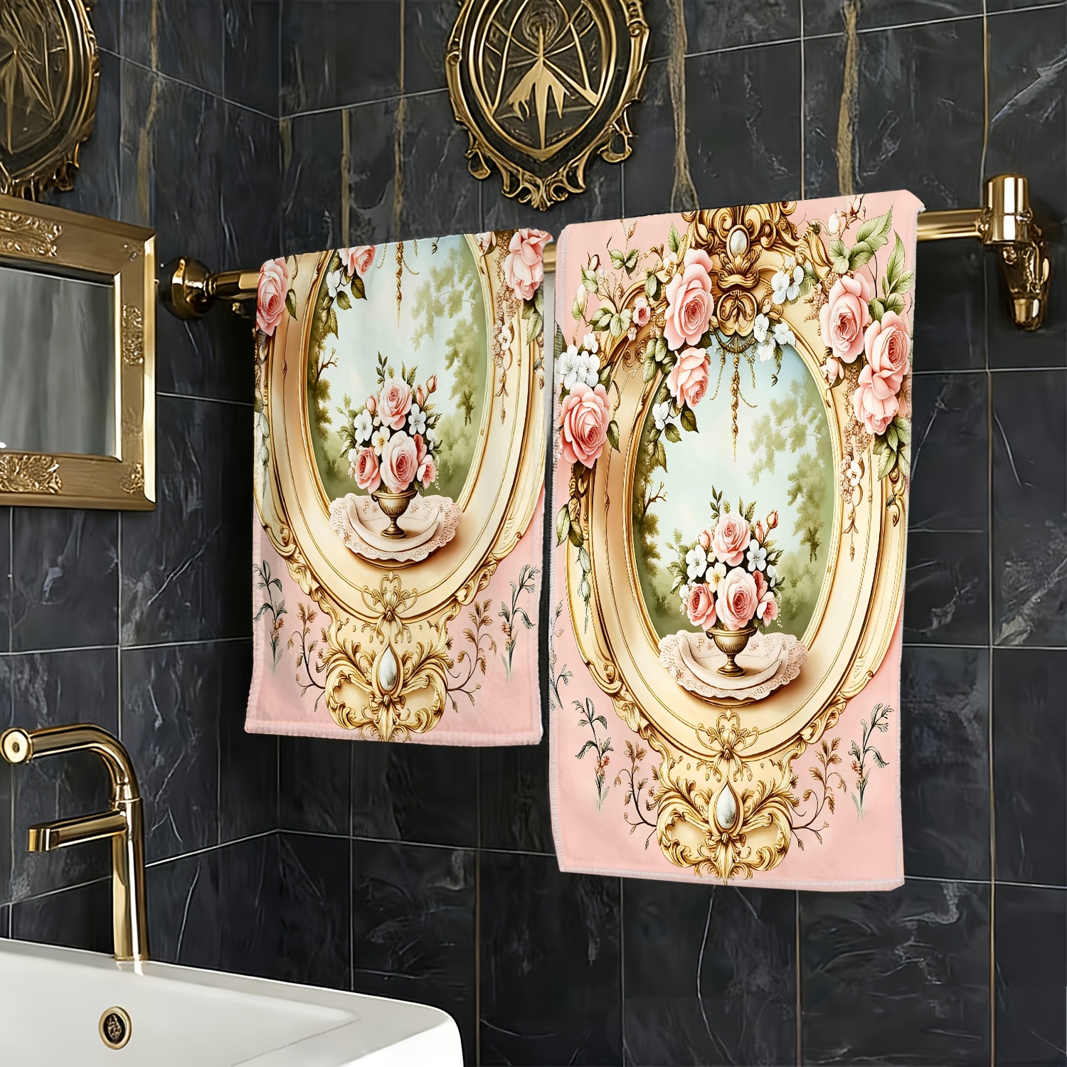 TEMU 1 pièce de serviette à imprimé de jardin avec motif de encadré de roses, douce et confortable, adaptée au lavage du visage, au lavage des mains,