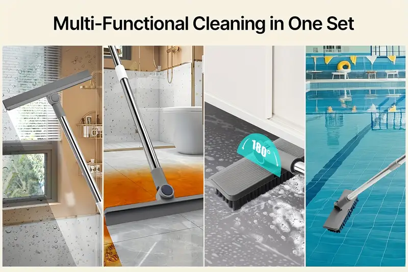 4 in 1 heavy duty all in one cleaning kit broom dustpan squeegee floor brush foldable space saving multi surface hard floor convertible sweeper mop system with durable plastic for home office bathroom Product details 1