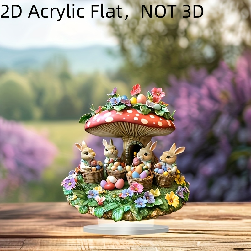 

2d Flat, 1pc Bohemian Style Easter Bunny & Mushroom Acrylic Tabletop Display, 10x8" - Spring Decor With Eggs & Flowers, Ideal For , Gift