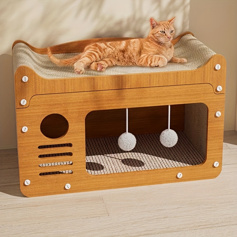 

1pc Cat Scratcher Lounge With Integrated Mat, Tv-shaped Cardboard Scratching Board And Interactive Ball Toy For Cats