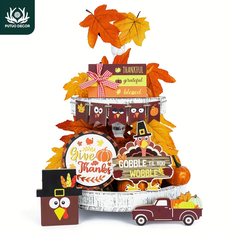 

Putuo Decor Thanksgiving Tiered Tray Decoration, Wooden Turkey Table Decor, 10pcs Fall Decor For Tiered Tray, Hello Fall Truck Maple Gnomes Pumpkin Farmhouse Tray Decoration For Autumn Thanksgiving