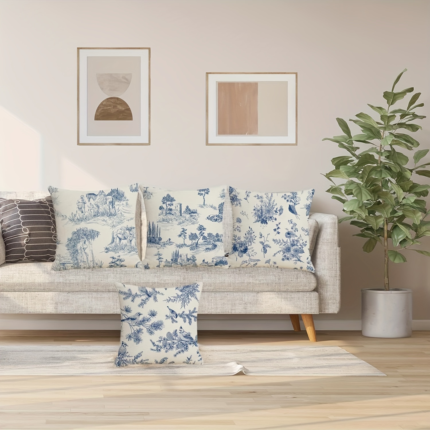 Toile Country Pillows For Couch 4pcs Vintage Blue Chinoiserie