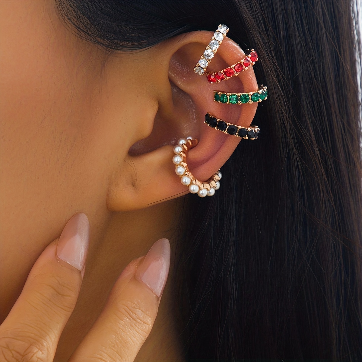 TEMU 5pcs/set Stylish Minimalist Colorful Rhinestone Women's Clip On Earring, Ear Cuffs With Fashionable And Design Sense, Suitable For Music