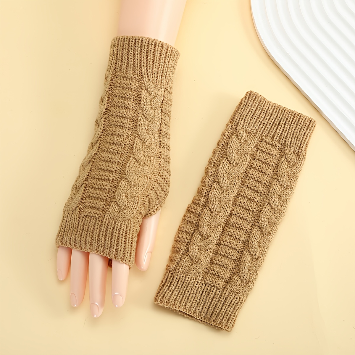 

Unisex Acrylic Knit Fingerless Gloves, , Solid Color, Warm Outdoor Arm Warmer With Cable Knit Design, With Hand Washable For Mature