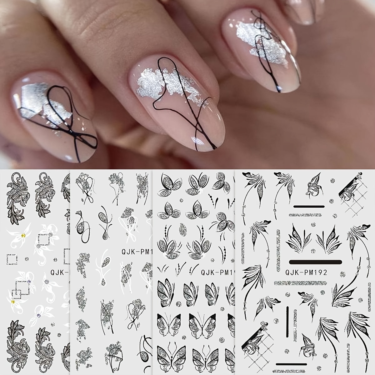 

4 Sheet Glitter Flower Butterfly Design Nail Art Stickers, Self Adhesive Nail Art Decals For Nail Art Decoration,nail Art Supplies For Women And Girls
