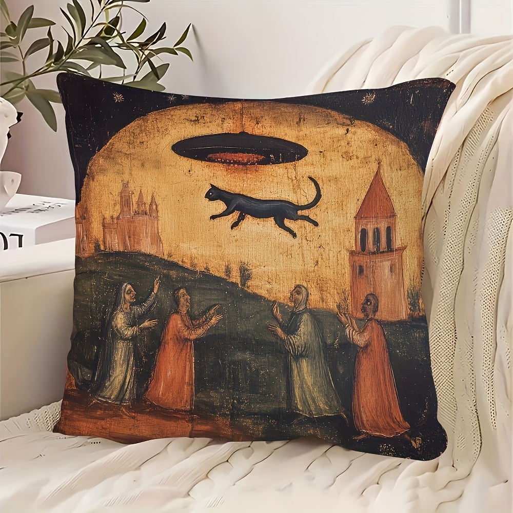 TEMU 1pièce Housse de coussin vintage médiévale - de de chat avec architecture gothique, lavable en machine en polyester, 18x18 pouces, fermeture à