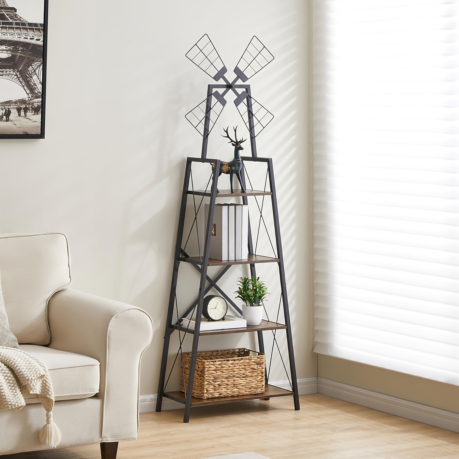 4-tier Narrow Book Shelf, Bookcase For Home Office, Living Room, Bedroom, Kitchen, Rustic Brown And Black